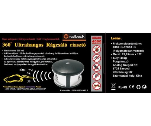Rágcsáló riasztó-ultrahangos belt. 375m2 360' látószög